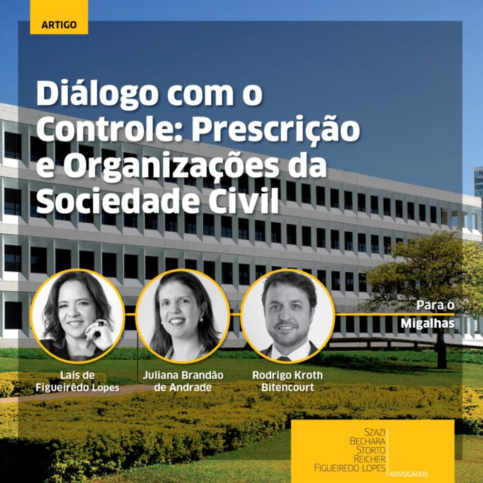 Ao fundo, foto colorida da fachada do TCU. Em primeiro plano, na parte inferior da imagem, estão fotos em preto e branco de Laís, Juliana e Rodrigo.