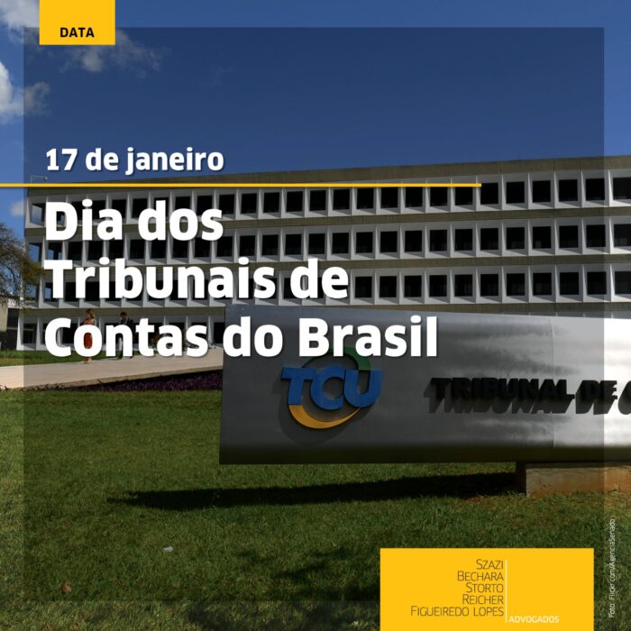 Ao fundo foto colorida da fachada do prédio do Tribunal de Contas da União (TCU). Em primeiro plano, título em letras brancas destaca o Dia dos Tribunais de Contas do Brasil.