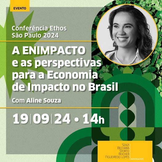 Ao fundo imagem mescla foto de floresta e ilustração com elementos gráficos em tons de verde. Em primeiro plano, no canto superior direito em moldura circular, foto em preto e branco de Aline.