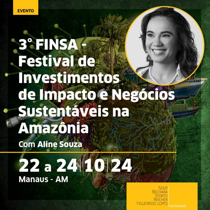 Ao fundo, ilustração colorida com elementos do ecossistema amazônico, de tecnologia e negócios. Em primeiro plano, no canto superior direito e em moldura circular, foto em preto e branco de Aline.