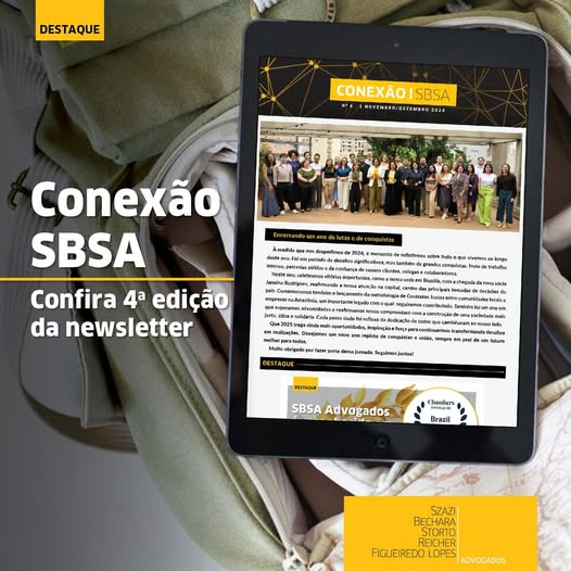 #paratodosverem Ao fundo imagem colorida de uma bolsa aberta e sobre ela, um tablet com a newsletter Conexão SBSA aparecendo na tela.