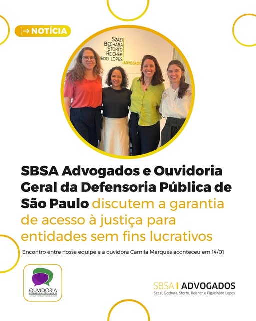 #paratodosverem Fundo branco com círculos amarelos. Em primeiro plano é em moldura circular centralizada, foto colorida com as sócias Paula Storto e Laís de Figueirêdo Lopes, a ouvidora Camila Marques e advogada Francisca Guerreiro Andrade (da esquerda para a direita).